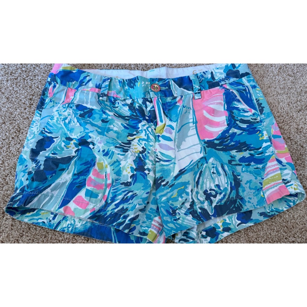 Lilly Pulitzer Callahan Shorts Catch the Wave Blue Pink Sailboat Print Size 6